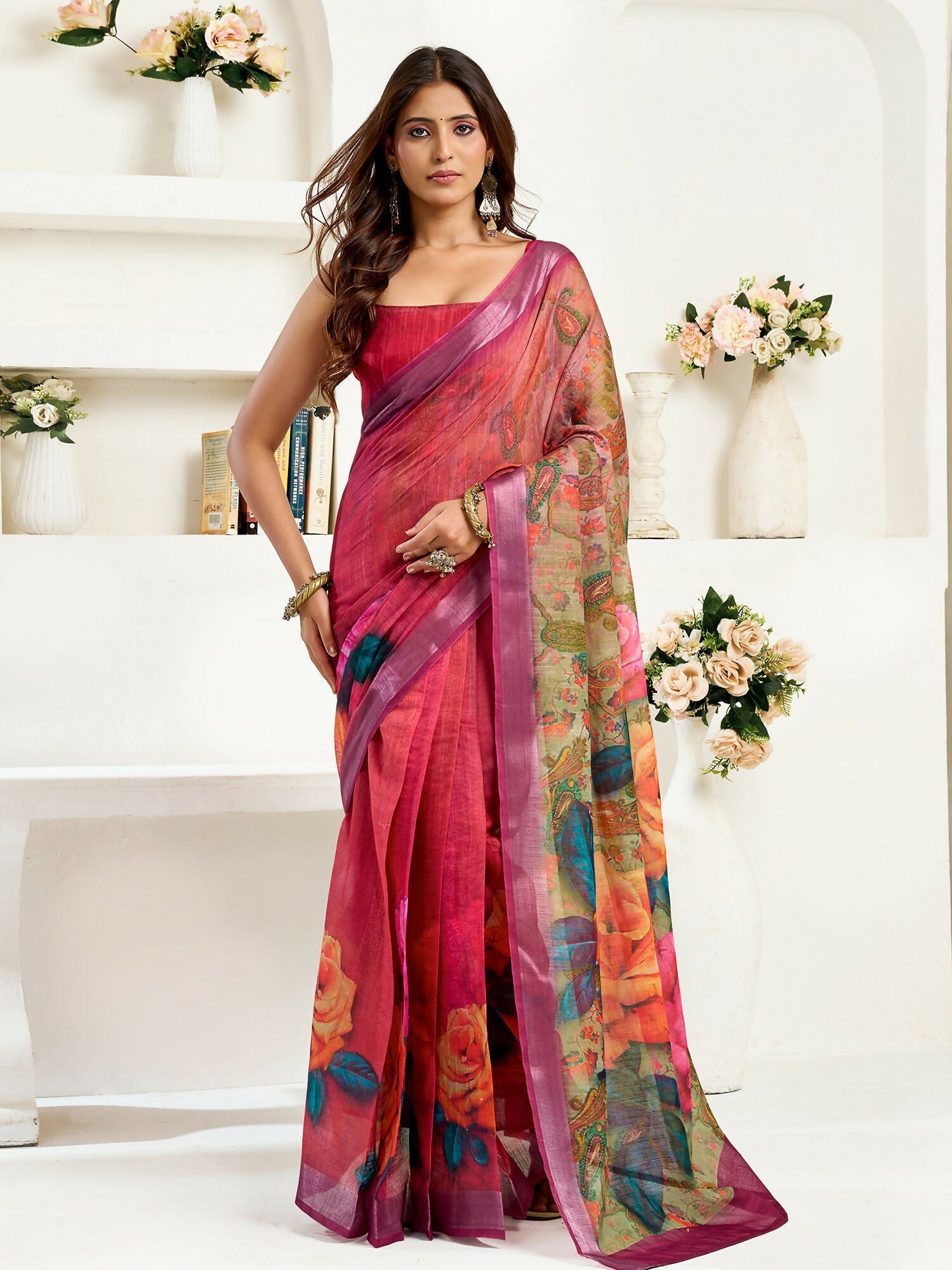 Onion Pink Floral Linen Ready To Wear Saree with Unstitched Blouse