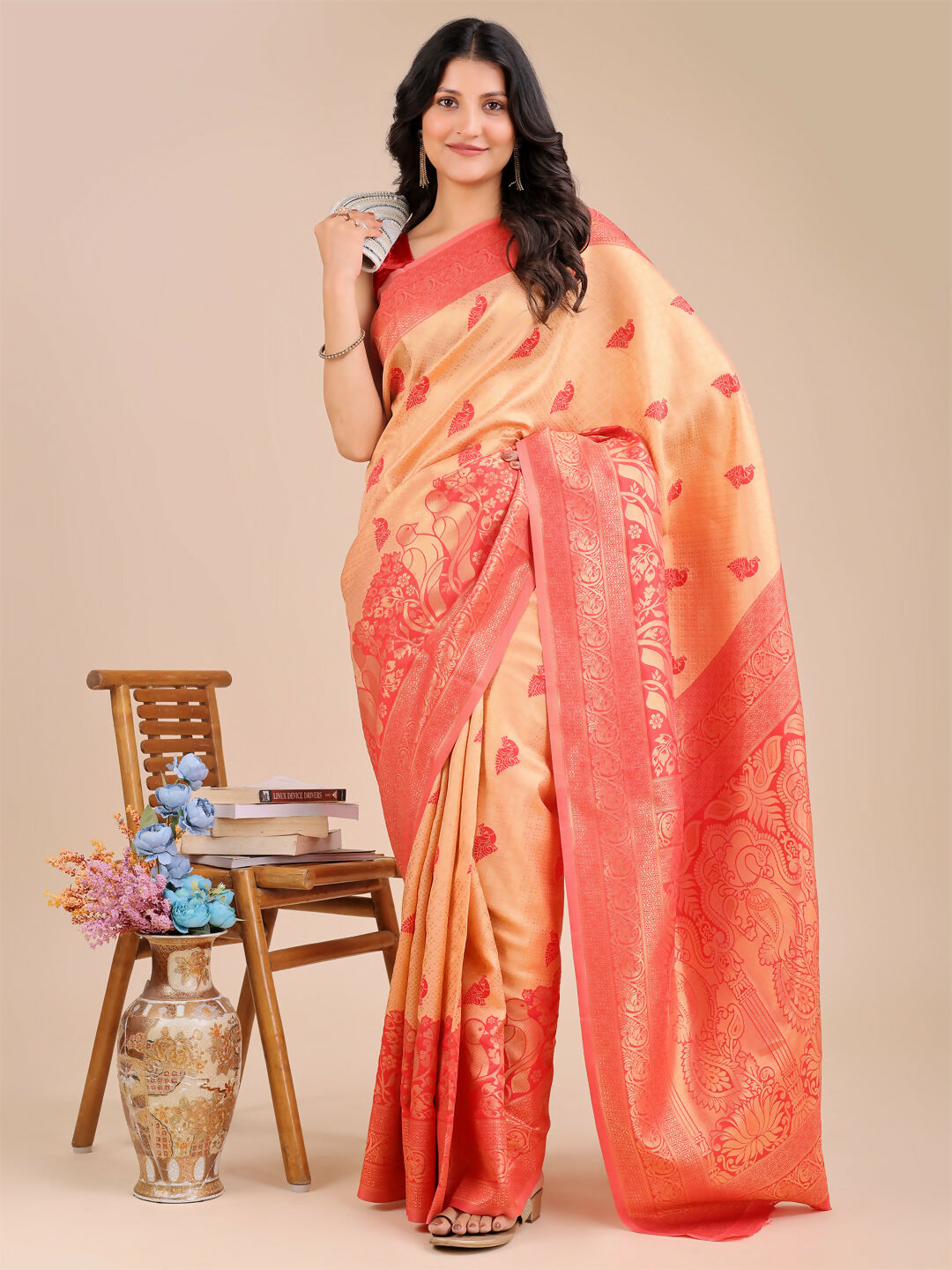 Shree Shyam Fashion Banarasi Silk Cream & Red Saree