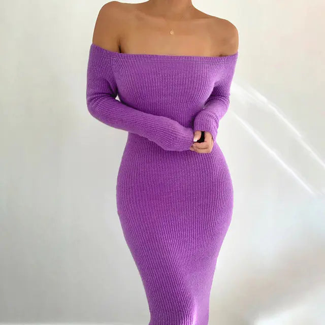 A woman wearing a ribbed long sleeve off-the-shoulder bodycon midi dress in vibrant purple and gray color options.