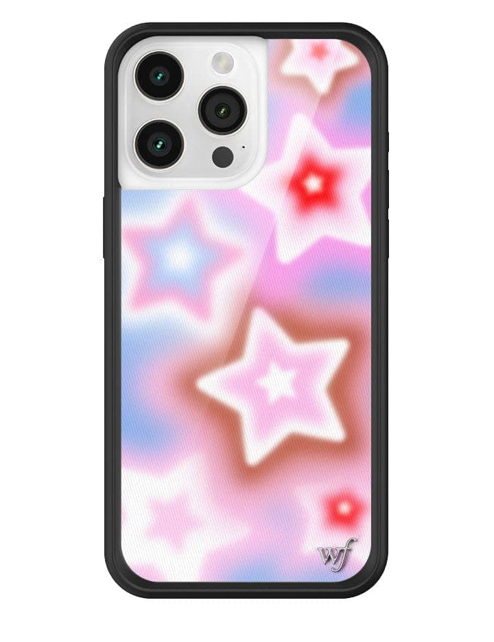 Dream Star iPhone case featuring a pink and blue gradient star pattern with a black bumper.
