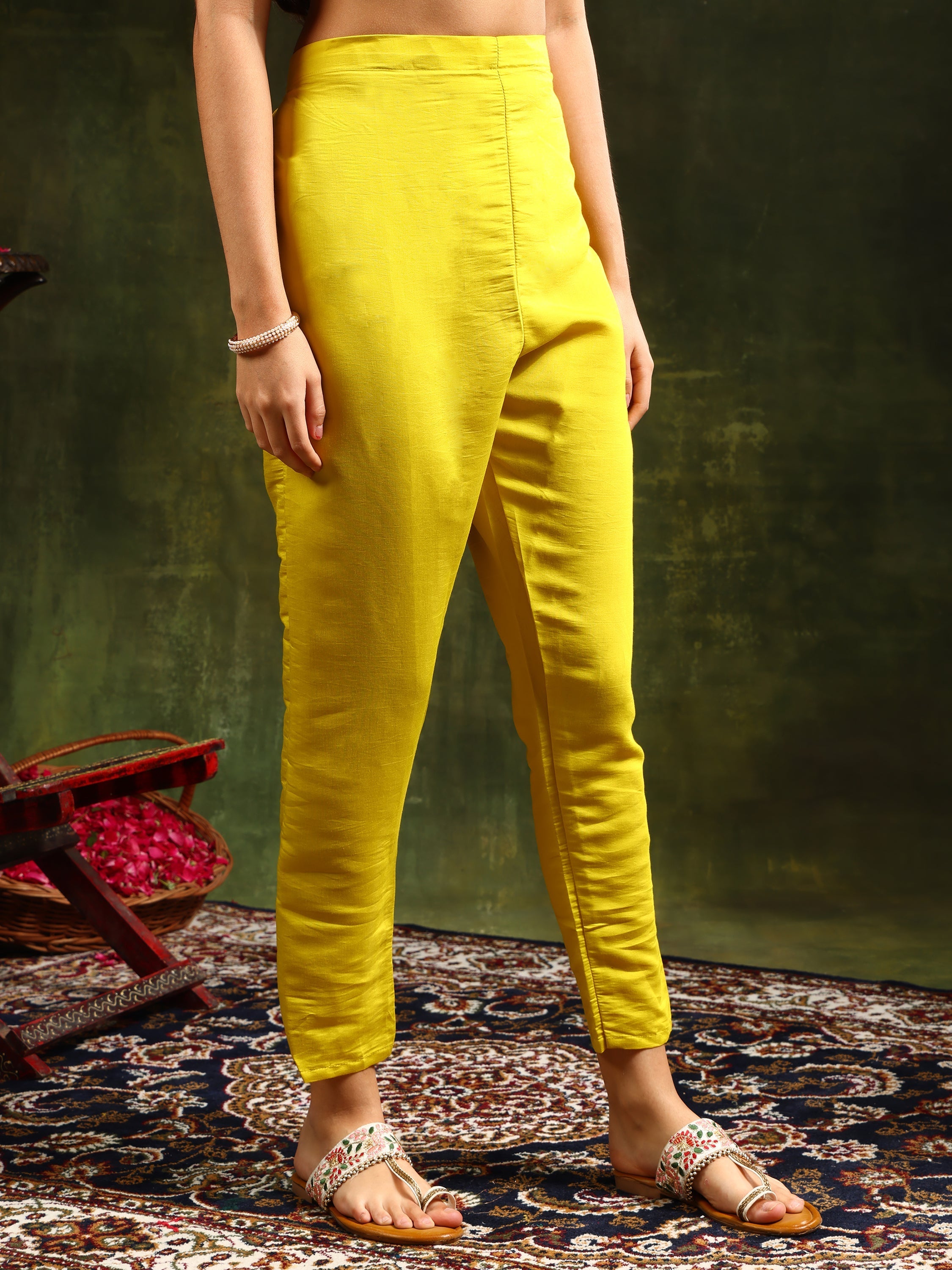 Yellow Embroidered Chanderi Kurta Set with Pant and Dupatta