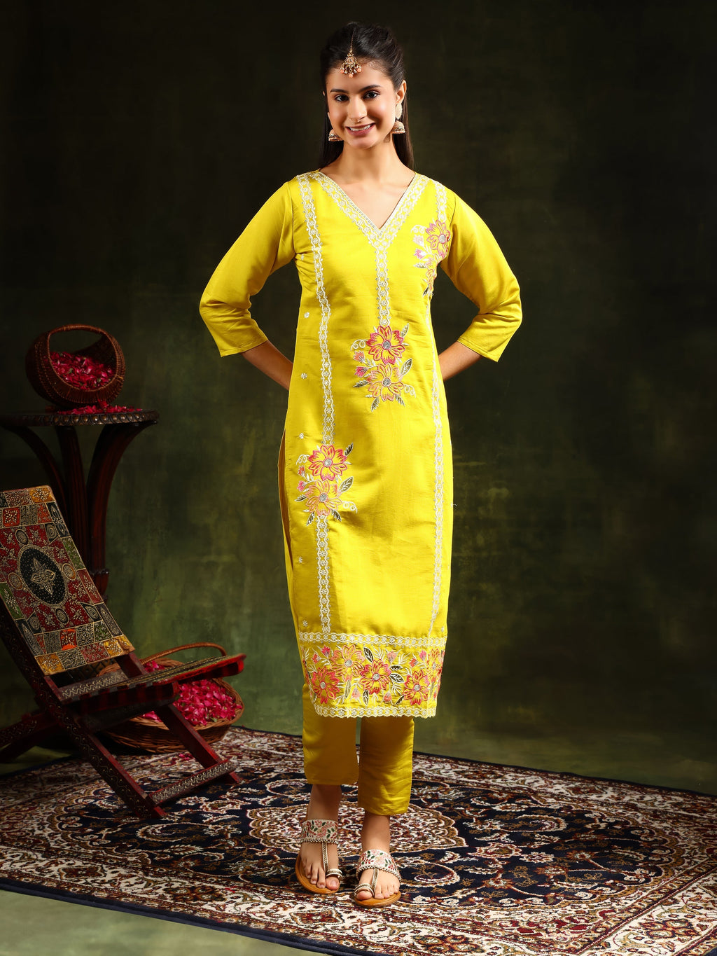 Yellow Embroidered Chanderi Kurta Set with Pant and Dupatta