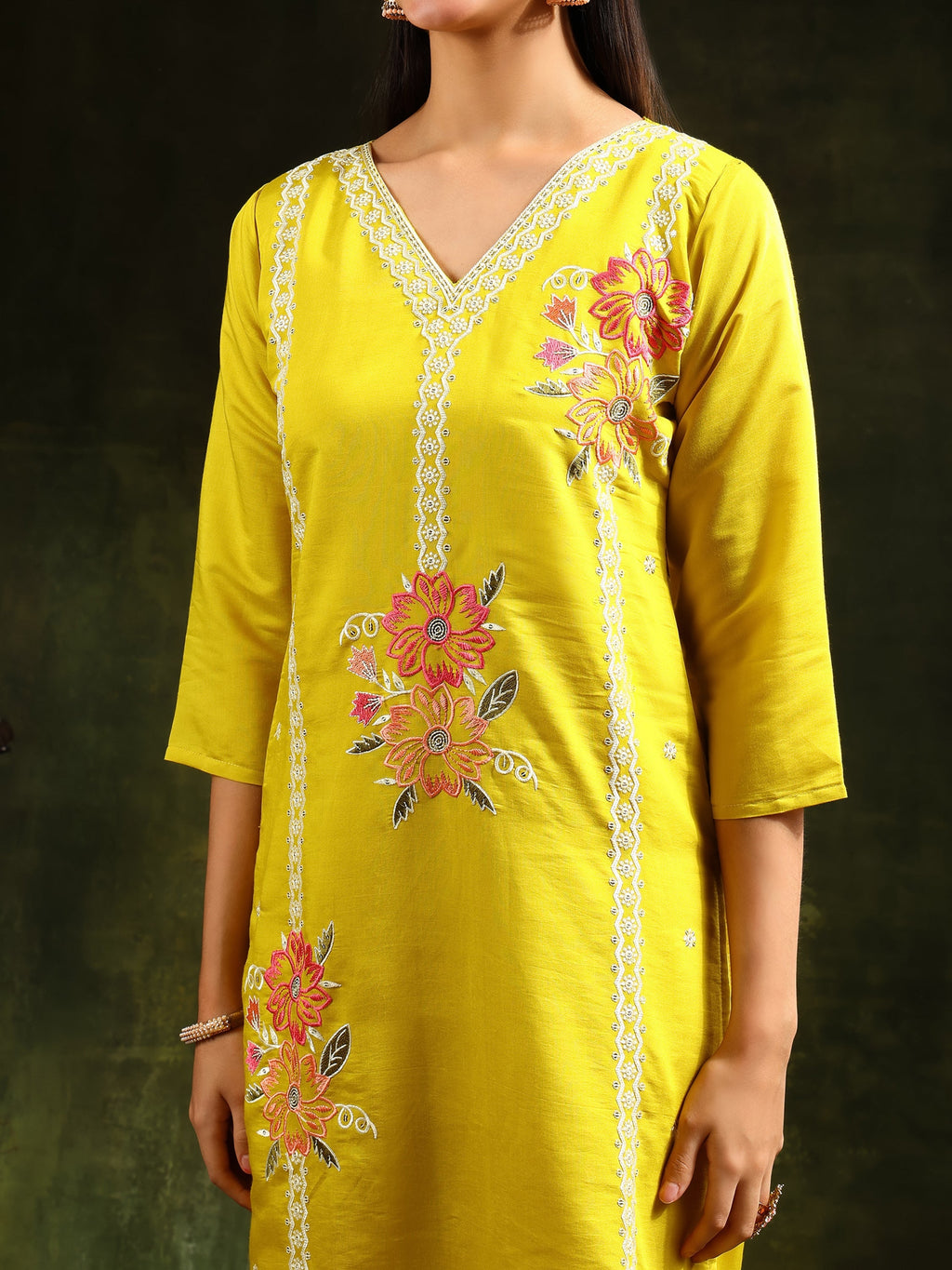 Yellow Embroidered Chanderi Kurta Set with Pant and Dupatta