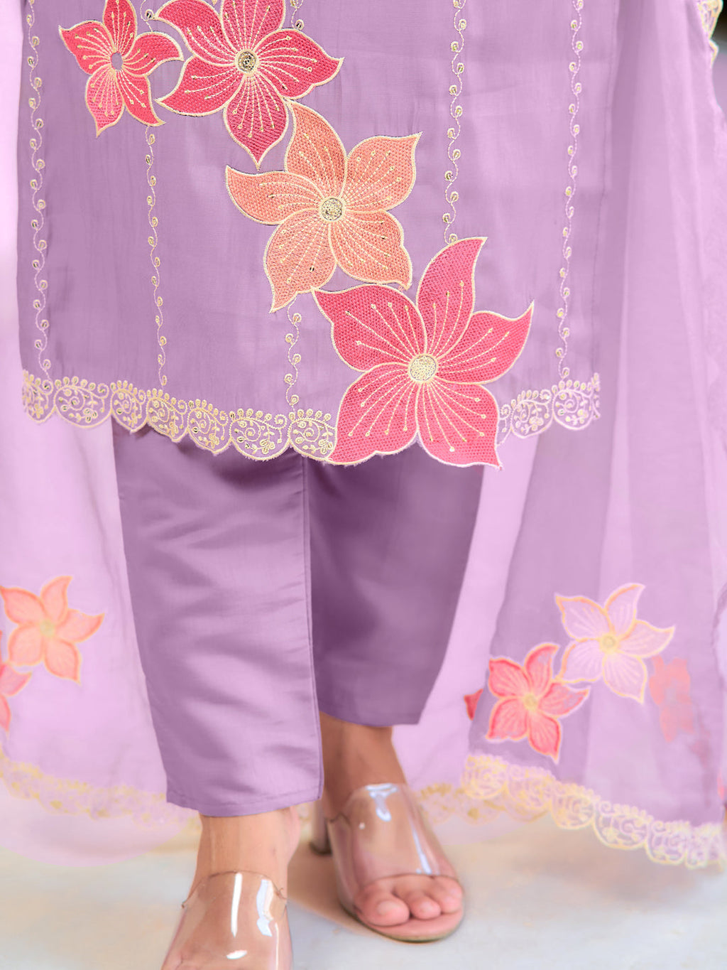Lavender Chanderi Kurta Set with Front Embroidery and Organza Dupatta