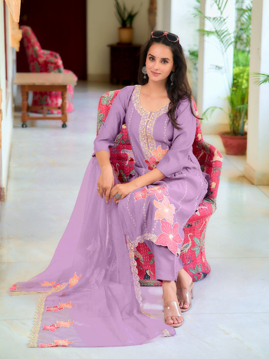 Lavender Chanderi Kurta Set with Front Embroidery and Organza Dupatta