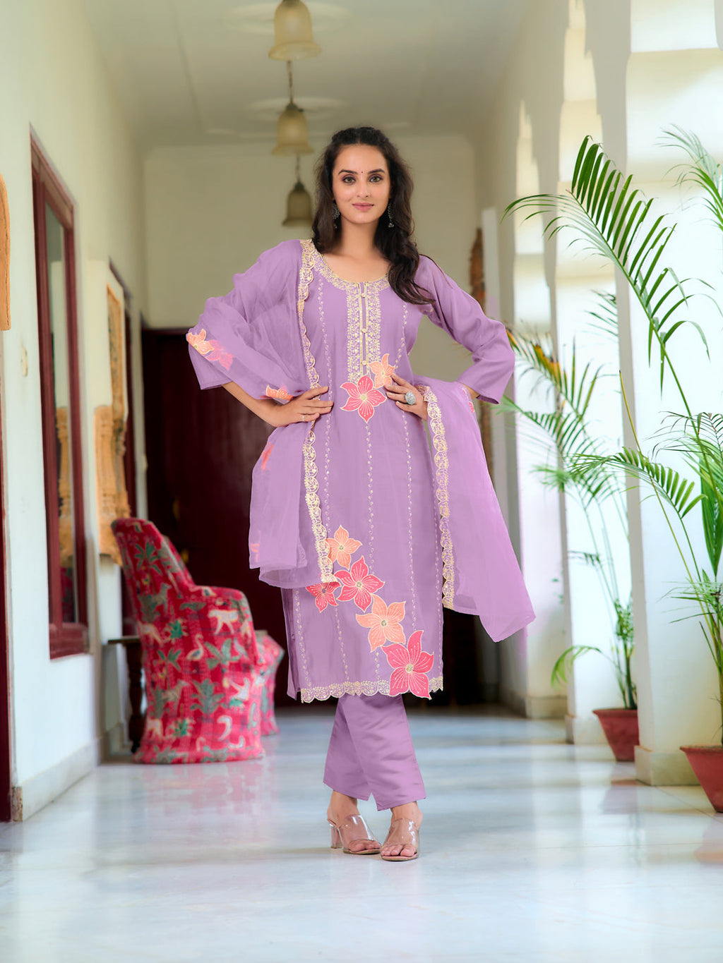 Lavender Chanderi Kurta Set with Front Embroidery and Organza Dupatta