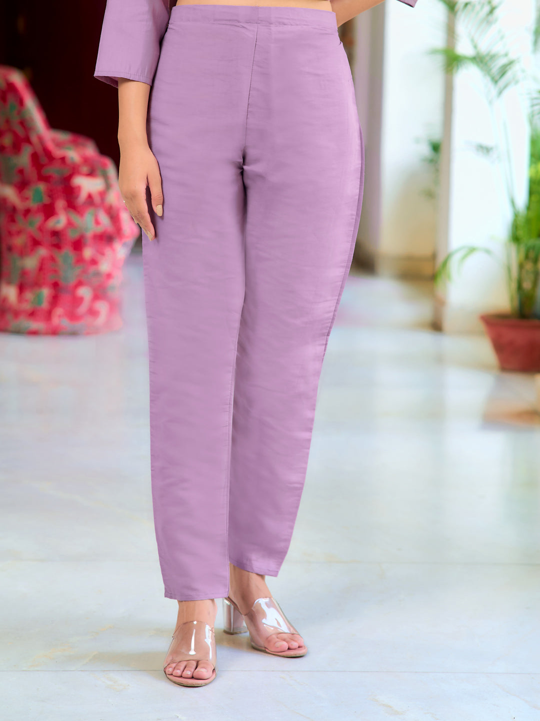 Lavender Chanderi Kurta Set with Front Embroidery and Organza Dupatta