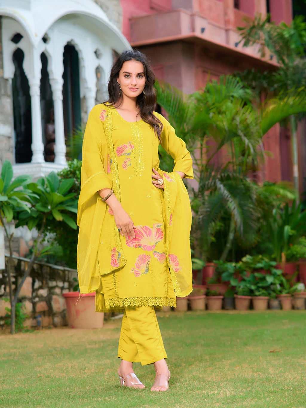 Yellow Full Front Embroidered Kurta Set with Organza Dupatta