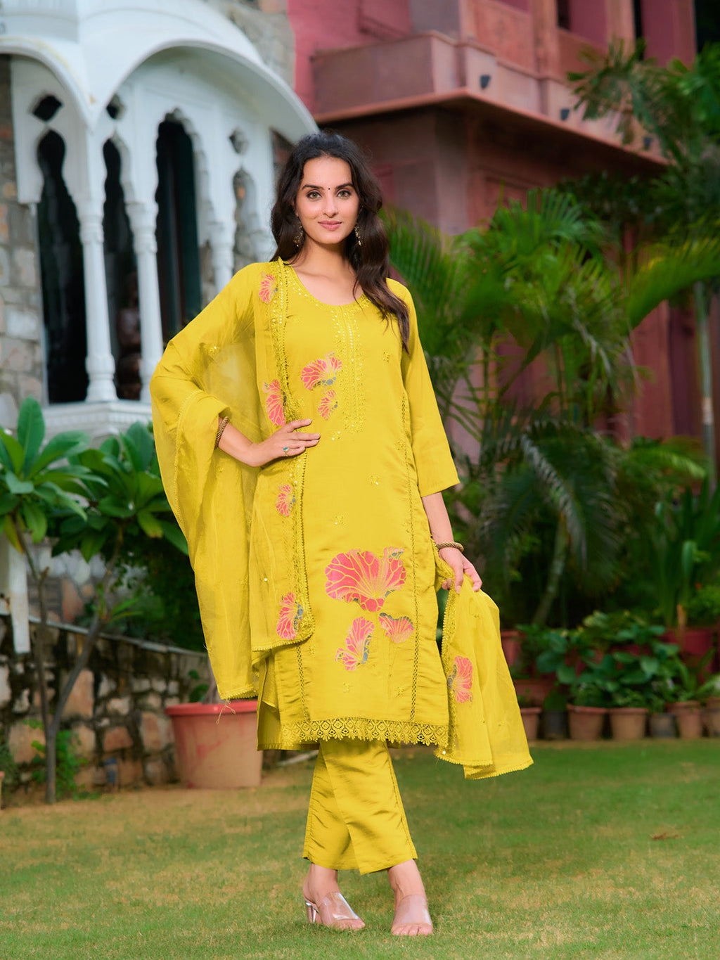 Yellow full front embroidered Chanderi kurta set with organza dupatta