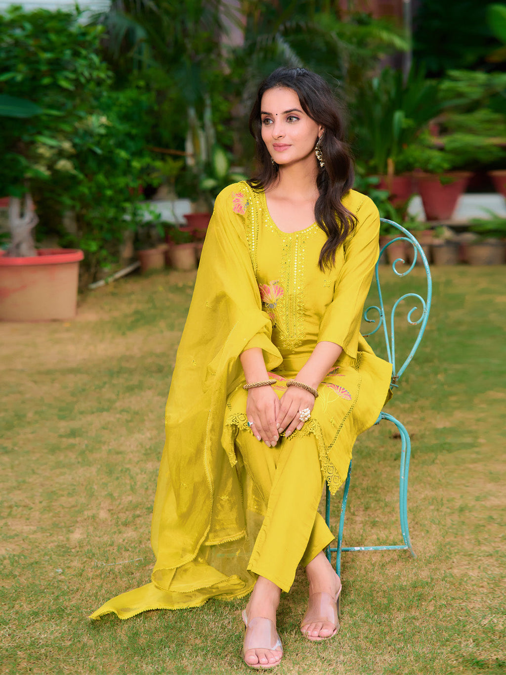Yellow Full Front Embroidered Kurta Set with Organza Dupatta