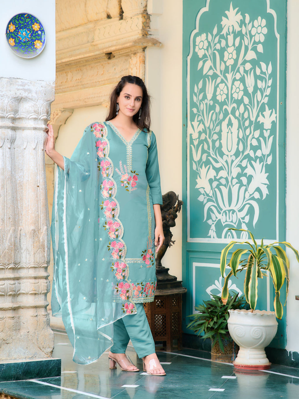 Blue Chanderi kurta with front embroidery, matching pants, and embroidered organza dupatta