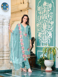 Blue Chanderi kurta with front embroidery, matching pants, and embroidered organza dupatta