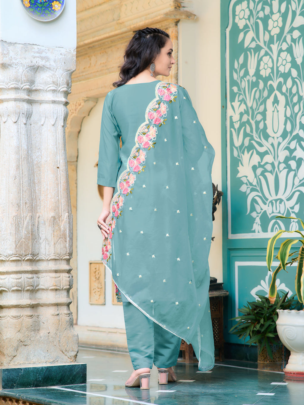 Blue Full Front Embroidered Chanderi Kurta Set with Organza Dupatta