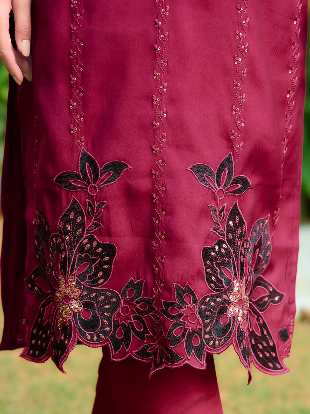 Maroon Chanderi Embroidered Kurta Set with Cut Work Organza Dupatta