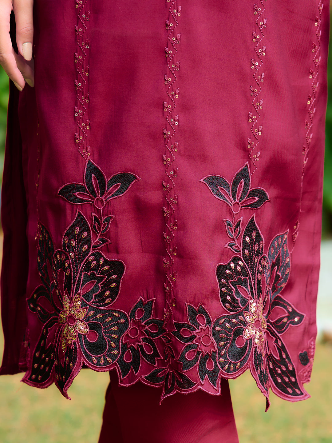 Maroon Chanderi Embroidered Kurta Set with Cut Work Organza Dupatta
