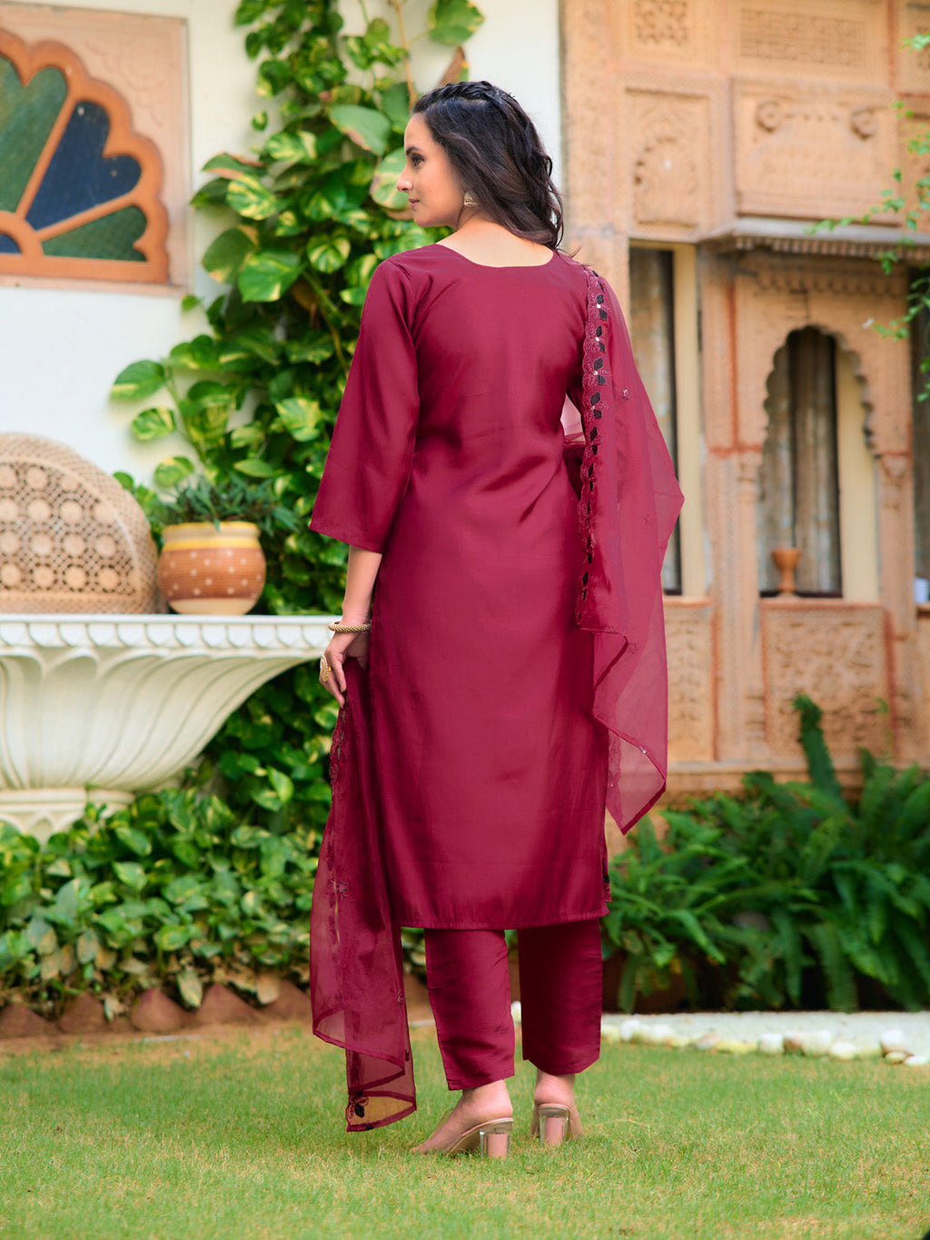 Maroon Chanderi Embroidered Kurta Set with Cut Work Organza Dupatta
