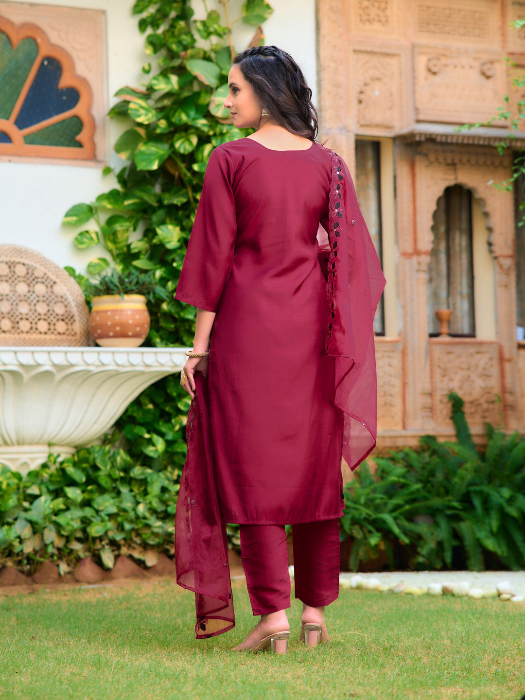 Maroon Chanderi Embroidered Kurta Set with Cut Work Organza Dupatta