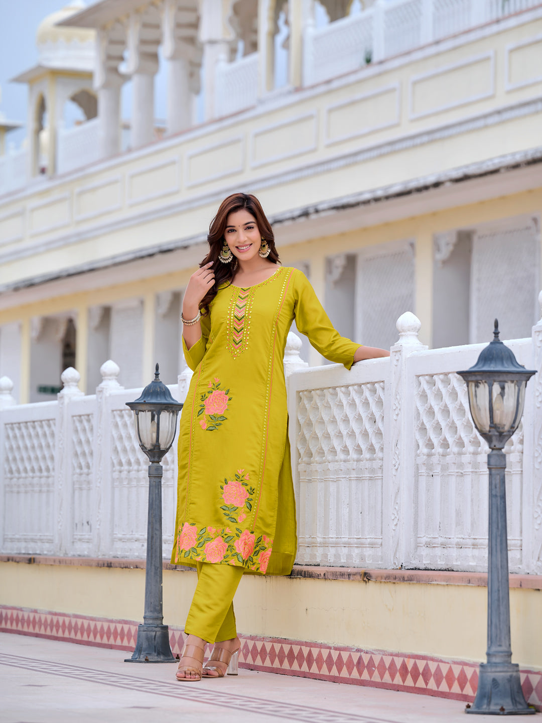 Yellow Chanderi Mirror Embroidered Kurta Set with Organza Dupatta