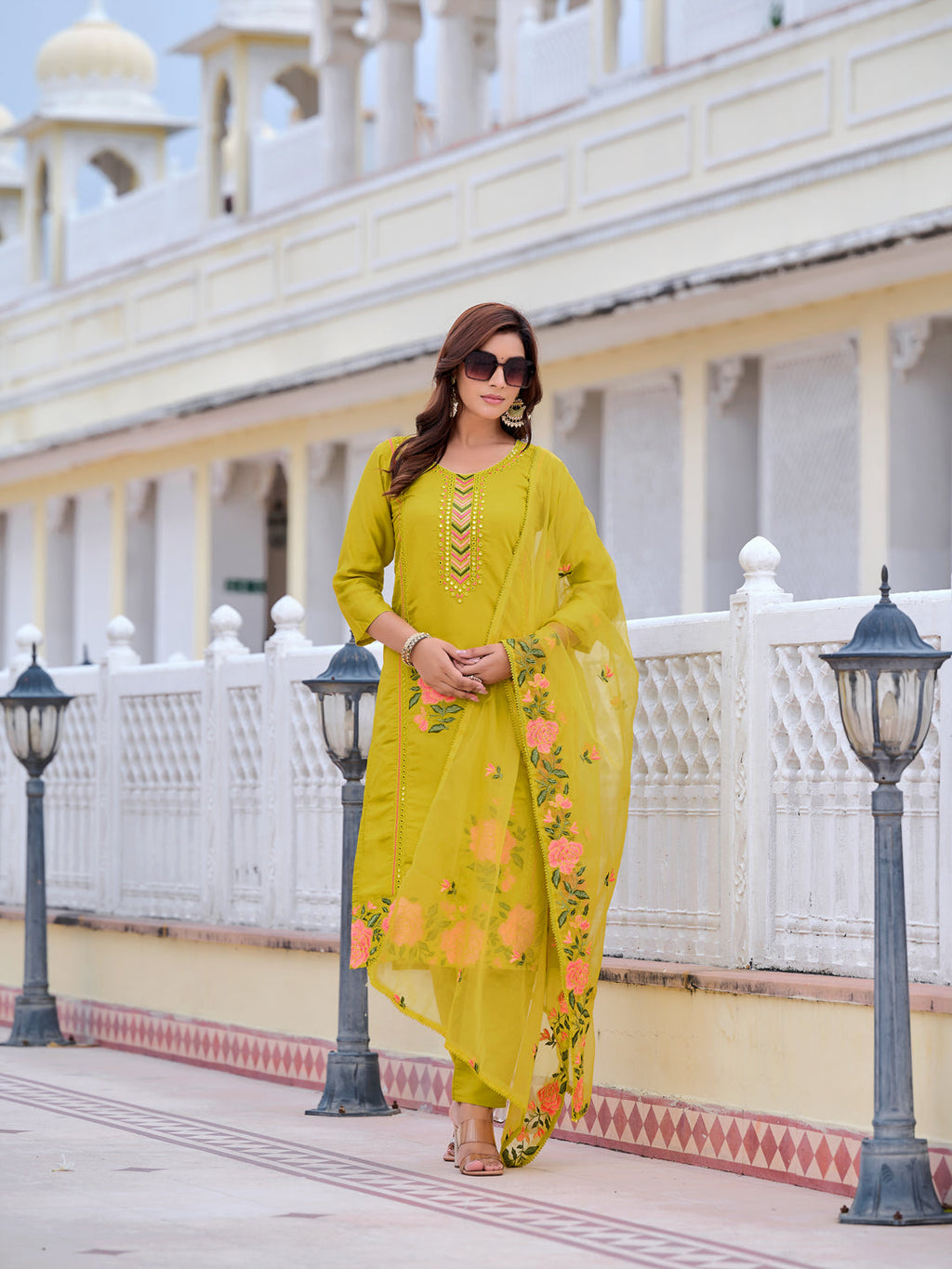 Yellow Chanderi Mirror Embroidered Kurta Set with Organza Dupatta