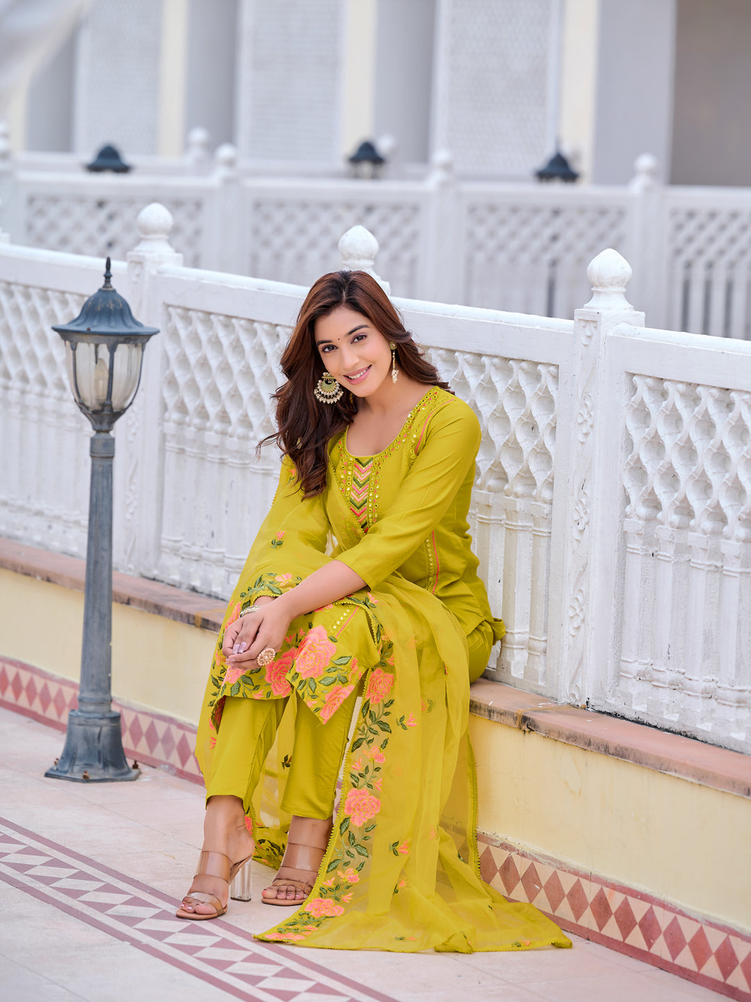 Yellow Chanderi Mirror Embroidered Kurta Set with Organza Dupatta