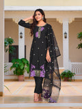 Elegant black Chanderi embroidered kurta set with matching pant and organza dupatta