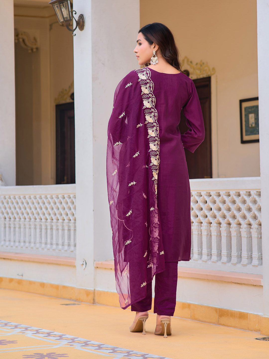 Embroidered Kurta with Pant and Organza Dupatta, Purple