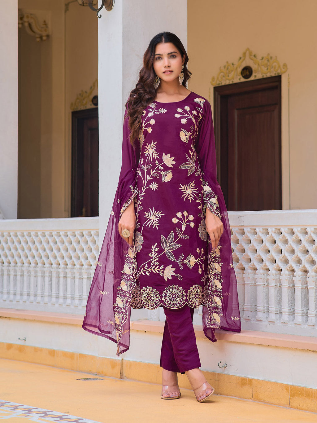 Embroidered Kurta with Pant and Organza Dupatta, Purple