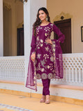 Embroidered Kurta with Pant and Organza Dupatta, Purple