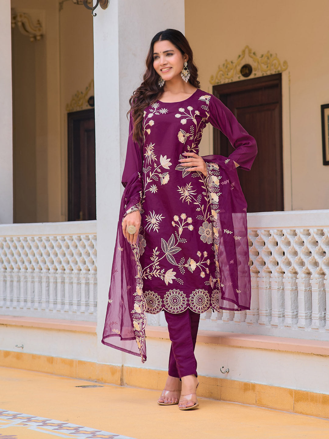 Embroidered Kurta with Pant and Organza Dupatta, Purple