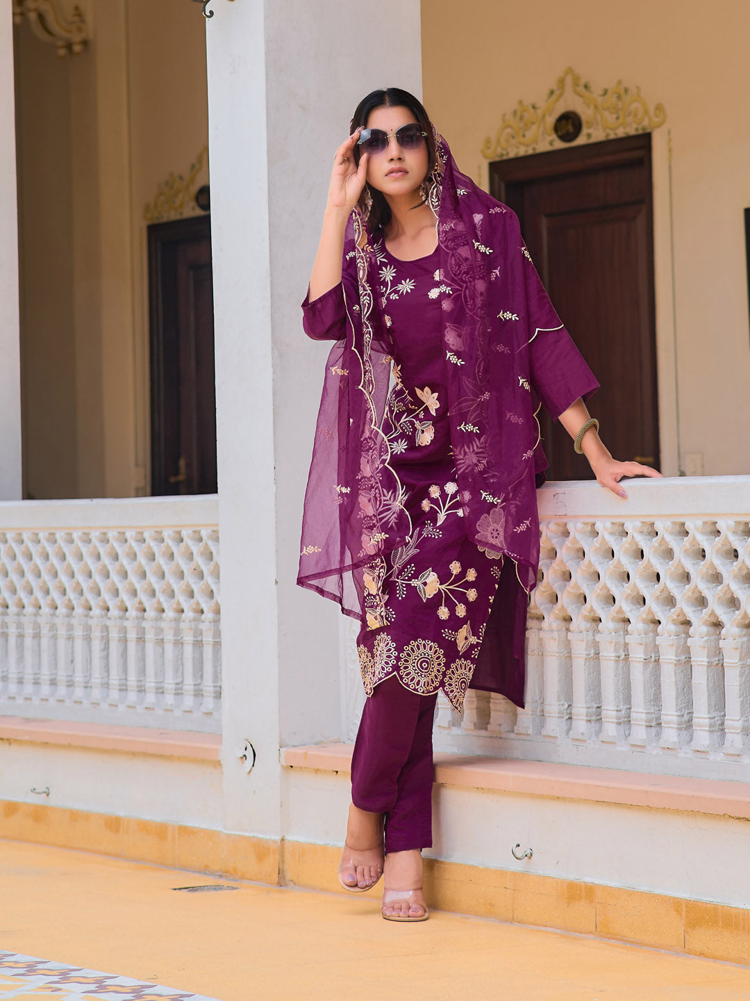 Embroidered Kurta with Pant and Organza Dupatta, Purple