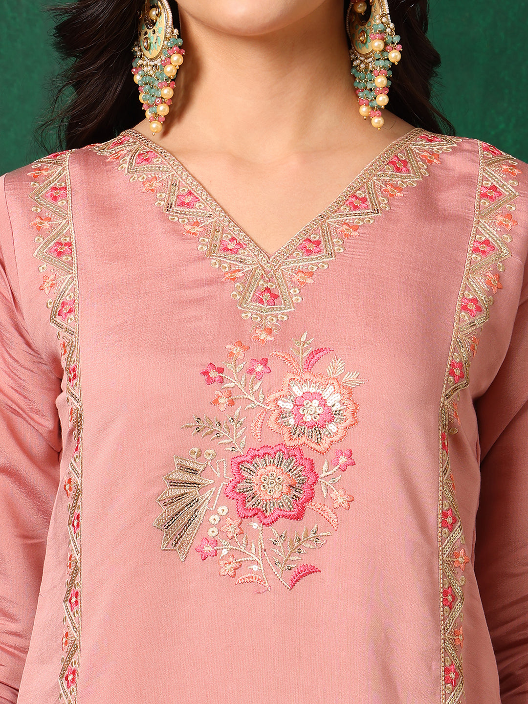 Pink Embroidered Chanderi Kurta with Pant and Dupatta