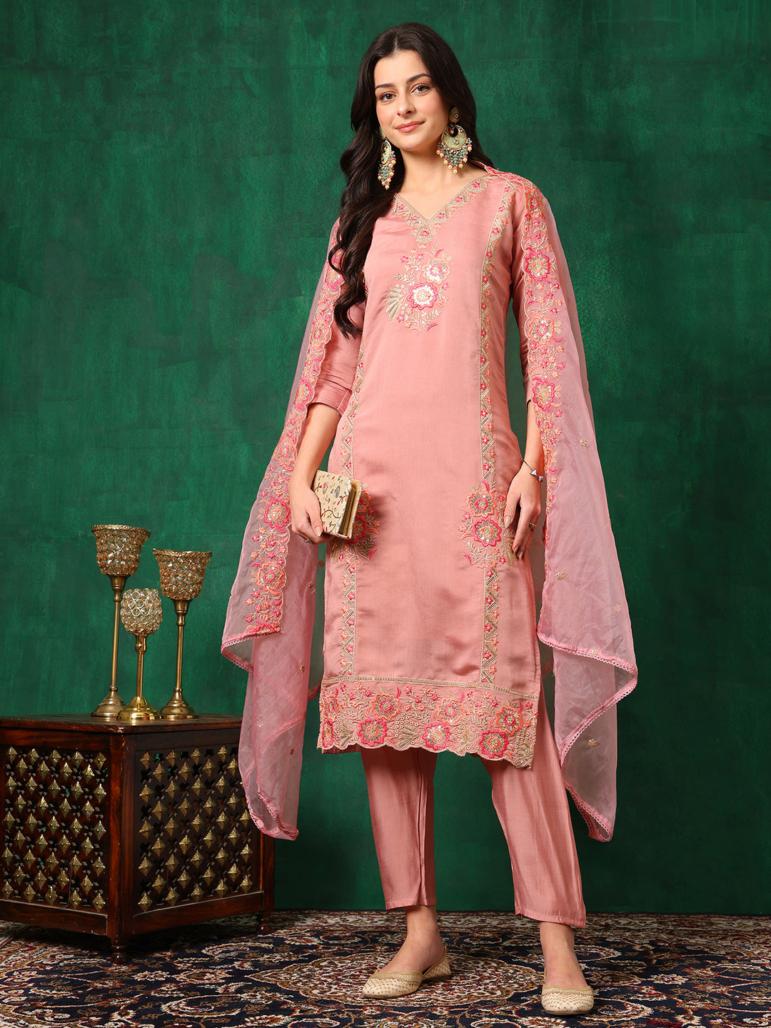 Pink Embroidered Chanderi Kurta with Pant and Dupatta