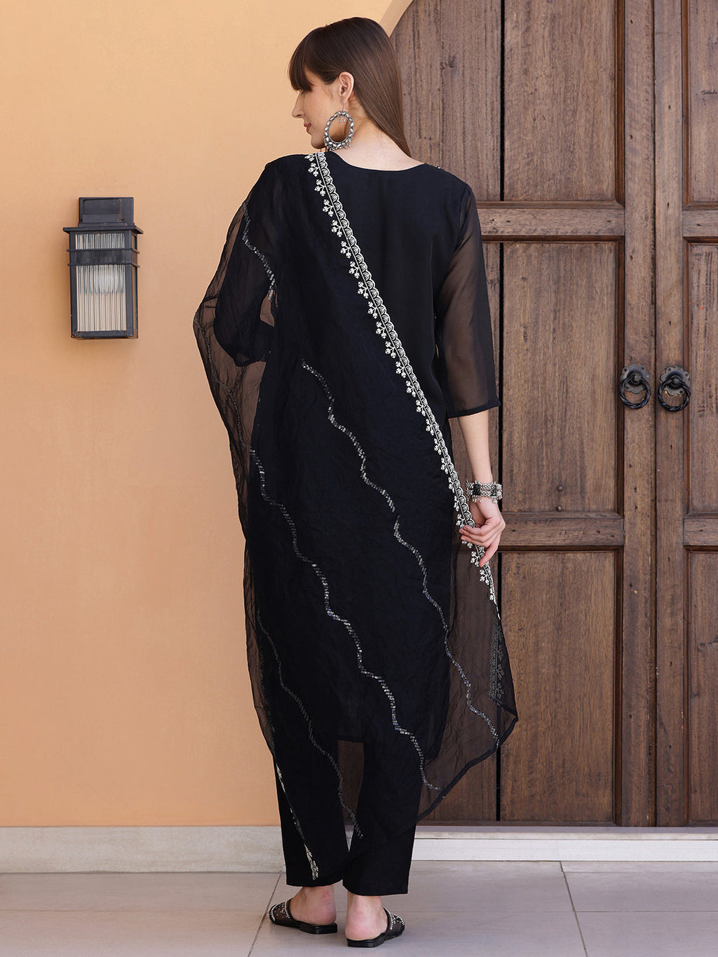 Black Pakistani Sequined Embroidered Kurta Set with Dupatta