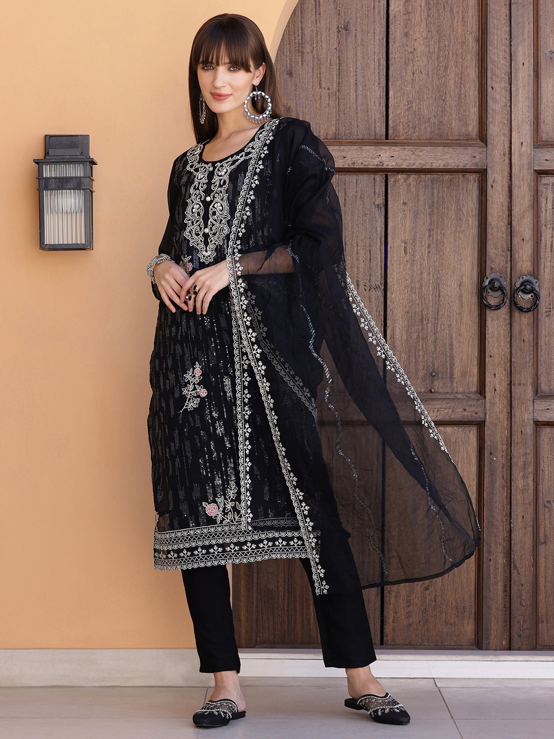 Black Pakistani Sequined Embroidered Kurta Set with Dupatta