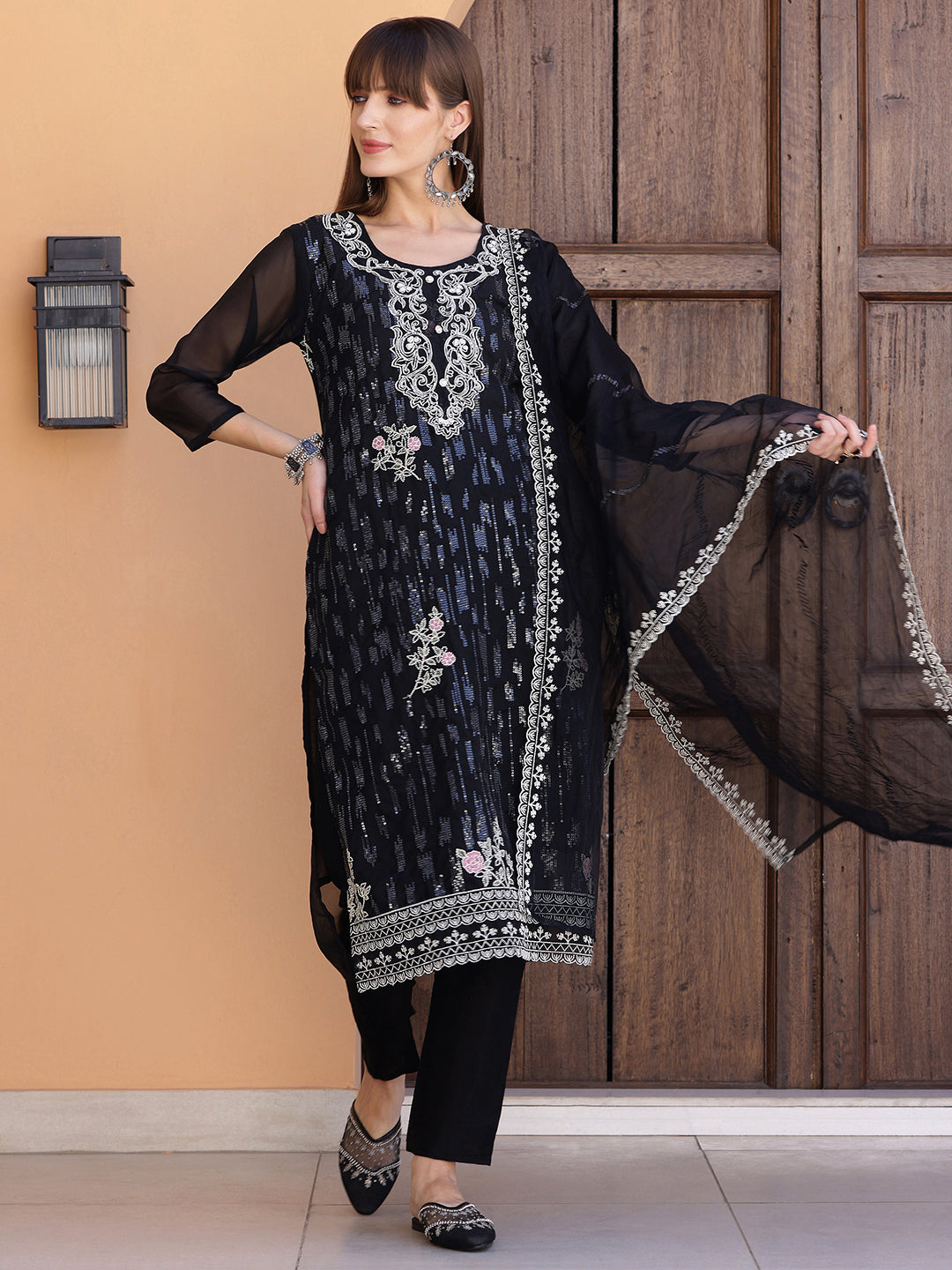 Black Pakistani Sequined Embroidered Kurta Set with Dupatta