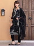 Elegant black Pakistani-style kurta set with intricate sequined embroidery and matching dupatta