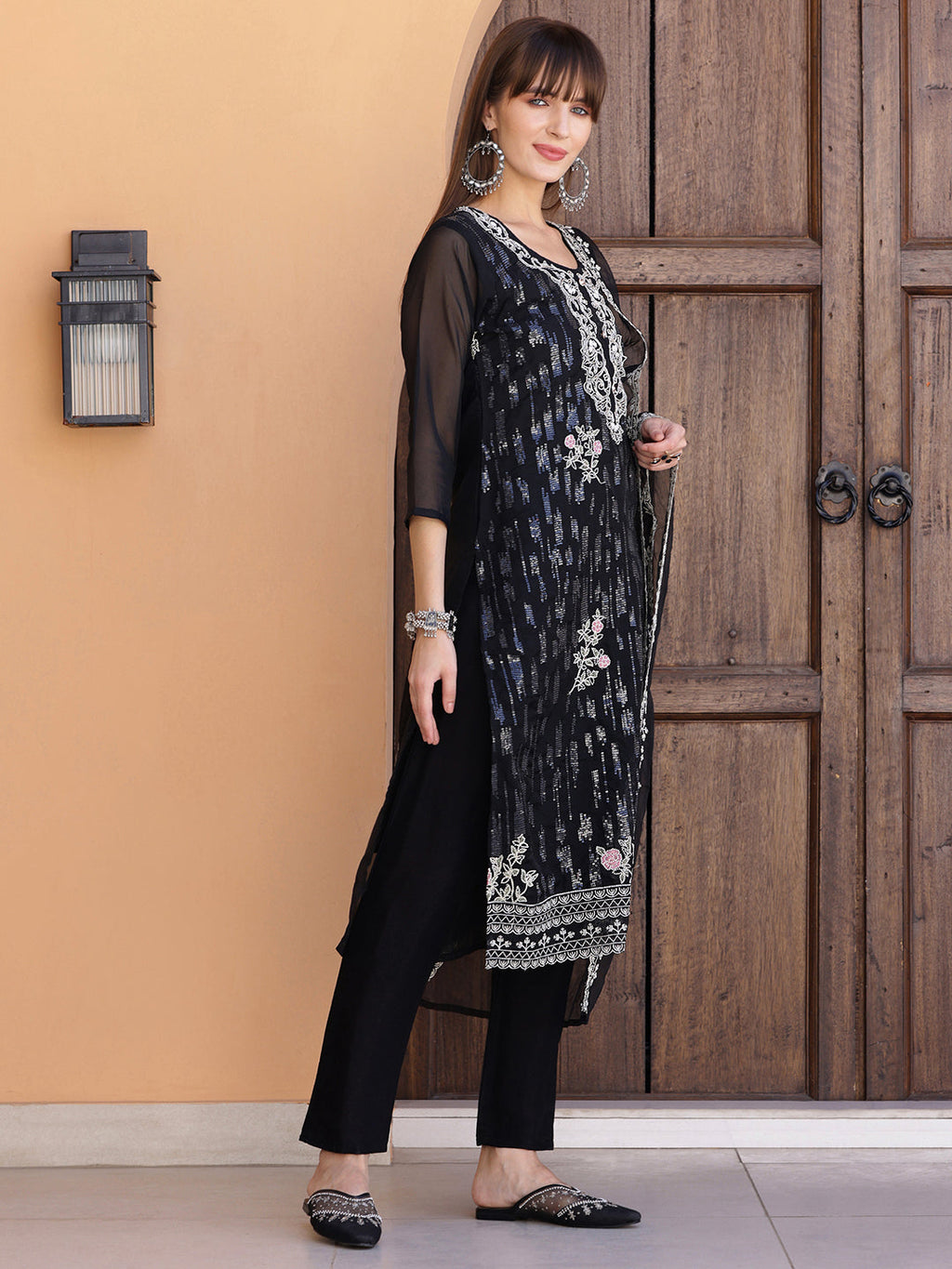 Black Pakistani Sequined Embroidered Kurta Set with Dupatta