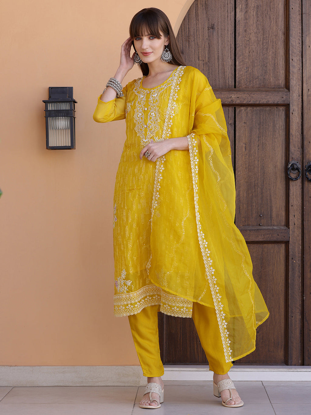 Yellow Pakistani Sequined Embroidered Kurta Set with Dupatta