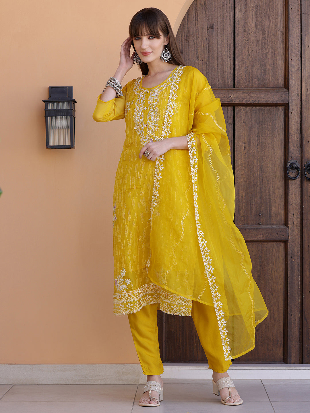Yellow Pakistani Sequined Embroidered Kurta Set with Dupatta