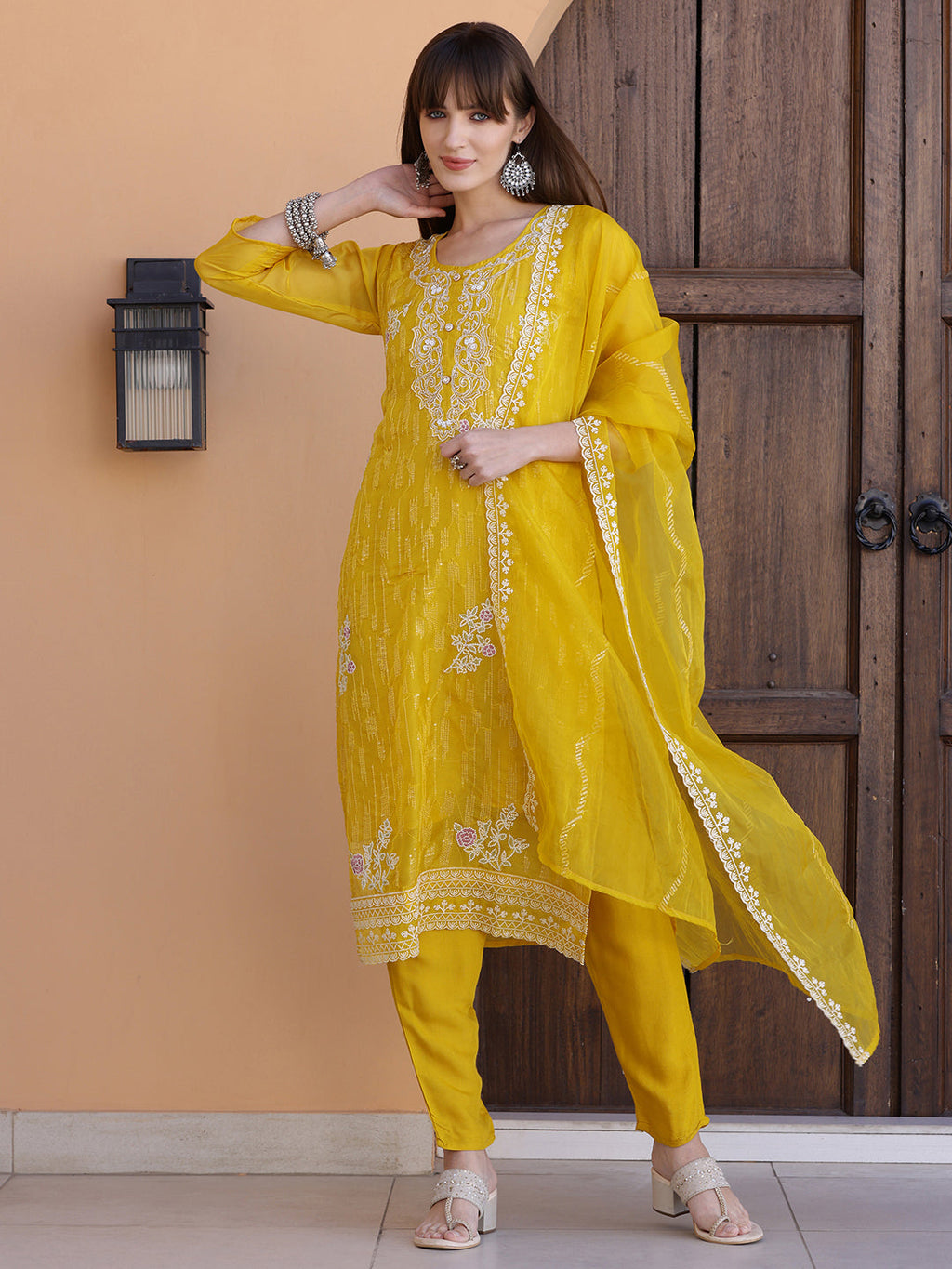Yellow Pakistani Sequined Embroidered Kurta Set with Dupatta