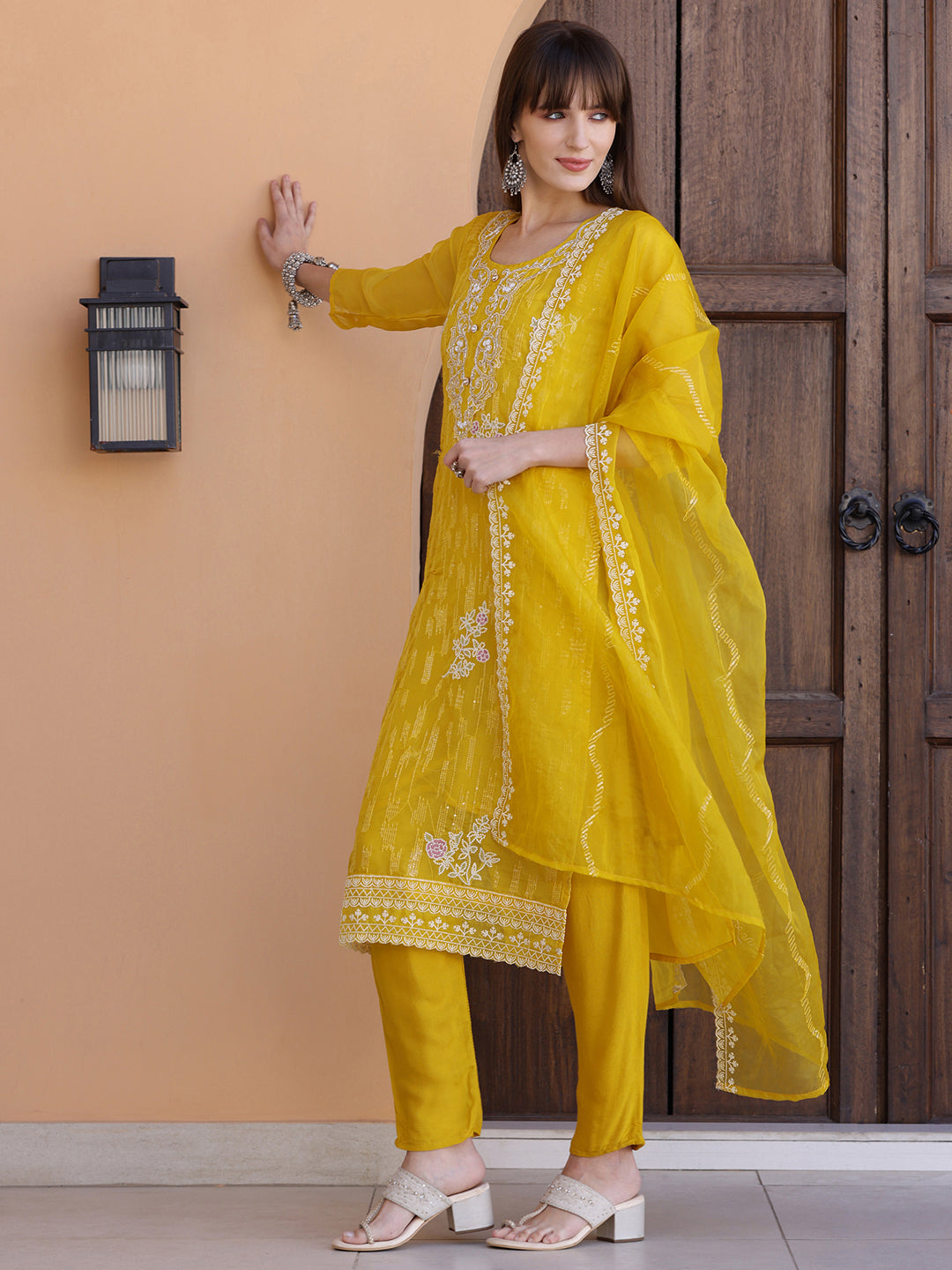 Yellow Pakistani Sequined Embroidered Kurta Set with Dupatta