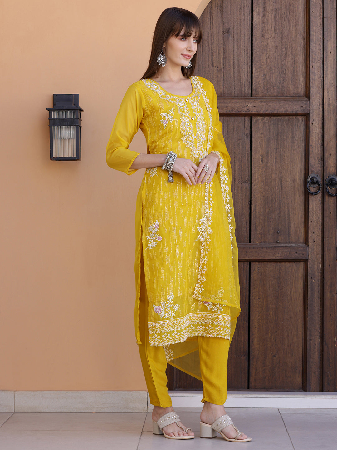 Yellow Pakistani Sequined Embroidered Kurta Set with Dupatta
