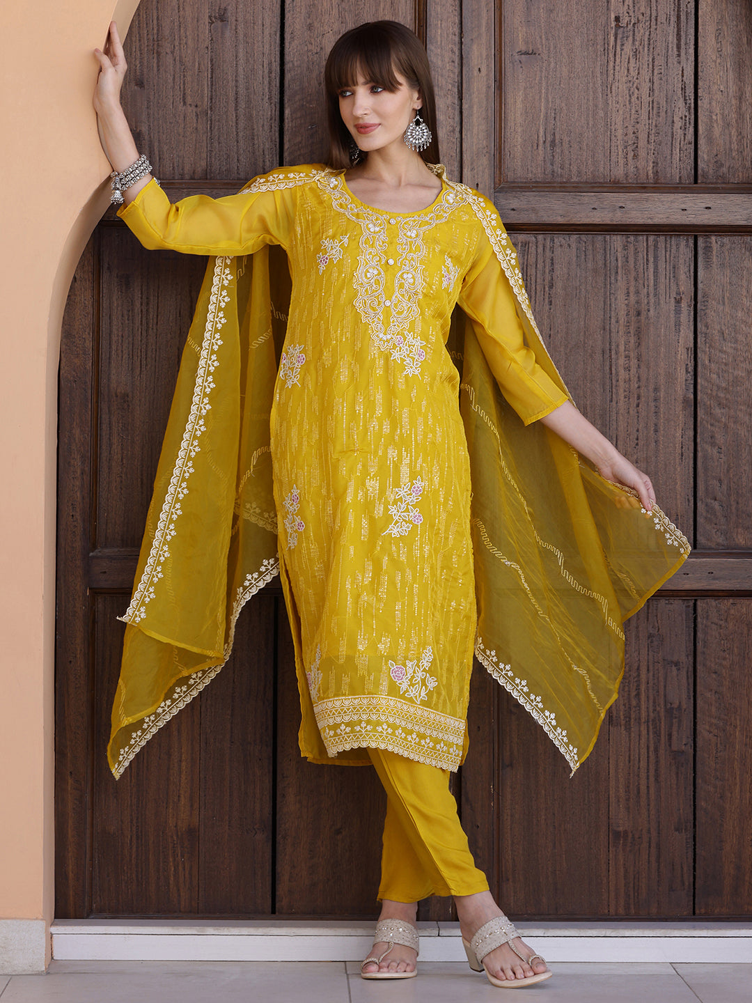 Yellow Pakistani Sequined Embroidered Kurta Set with Dupatta