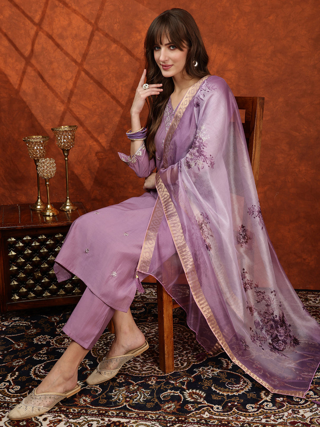 Lavender Sequined Embroidered Chanderi Kurta Set with Dupatta