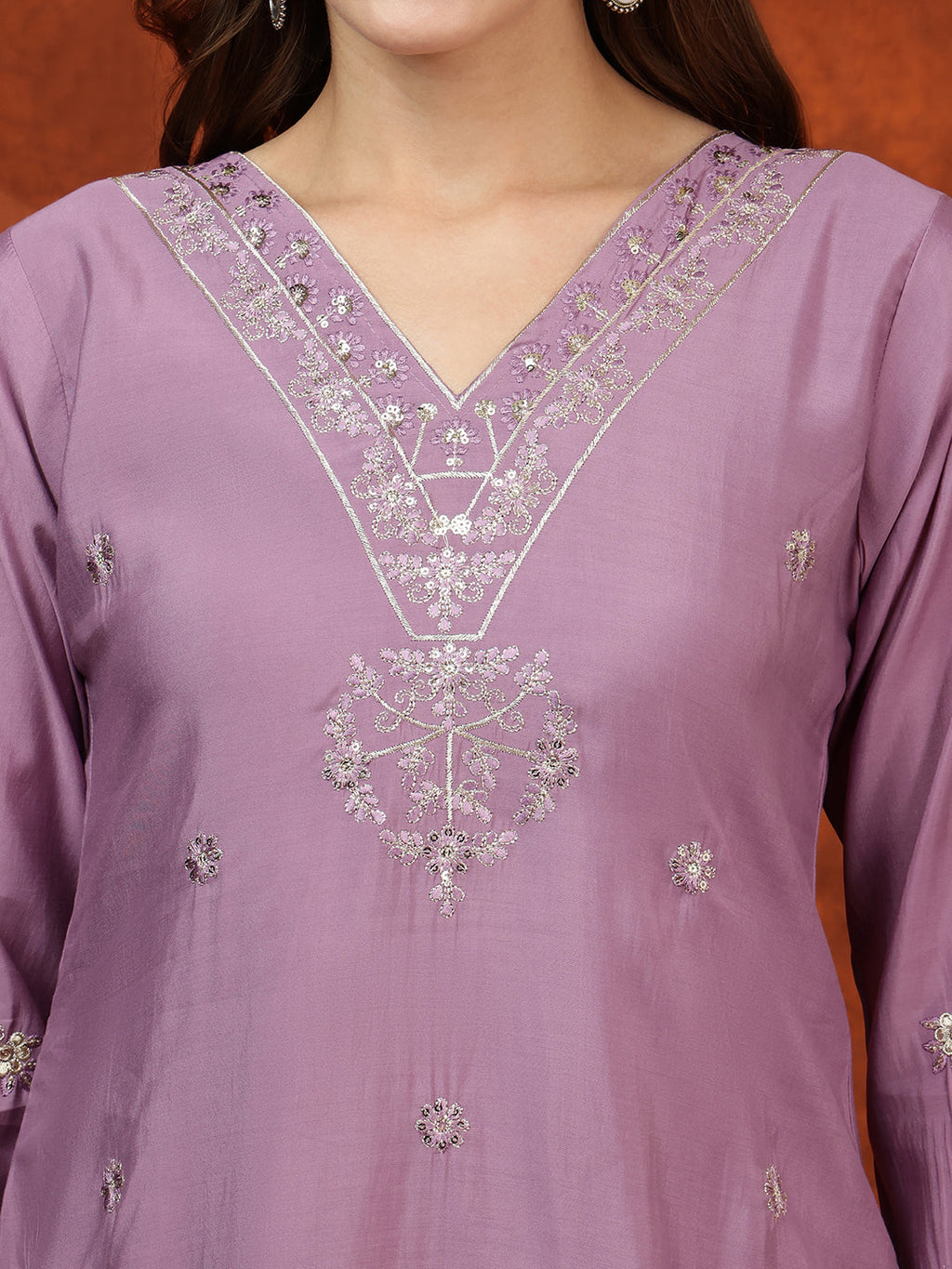 Lavender Sequined Embroidered Chanderi Kurta Set with Dupatta