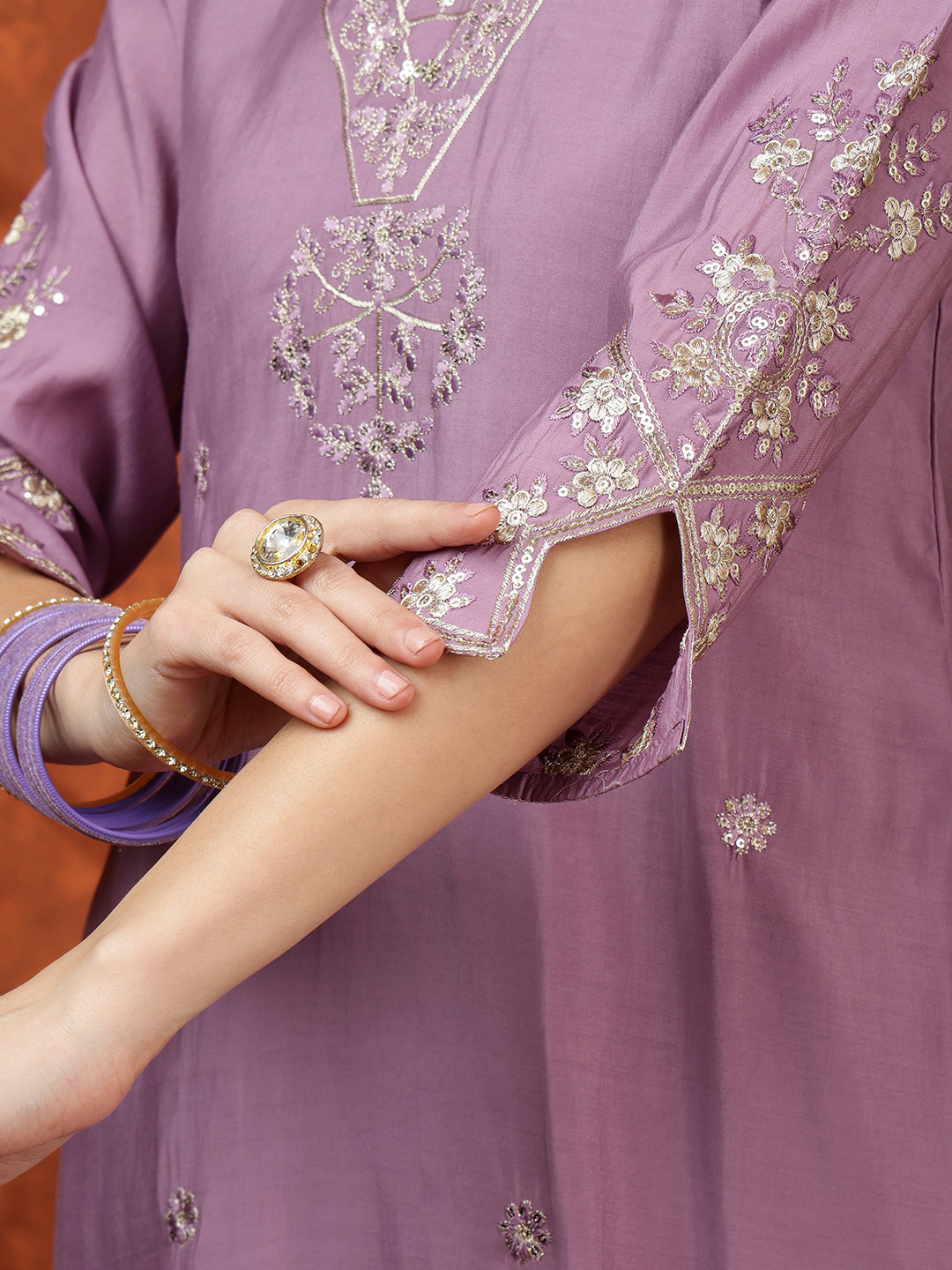 Lavender Sequined Embroidered Chanderi Kurta Set with Dupatta