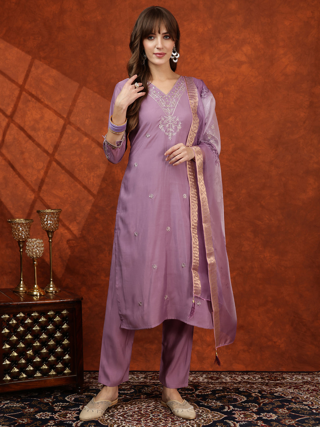 Lavender Chanderi kurta with sequin embroidery, matching pants, and floral printed dupatta