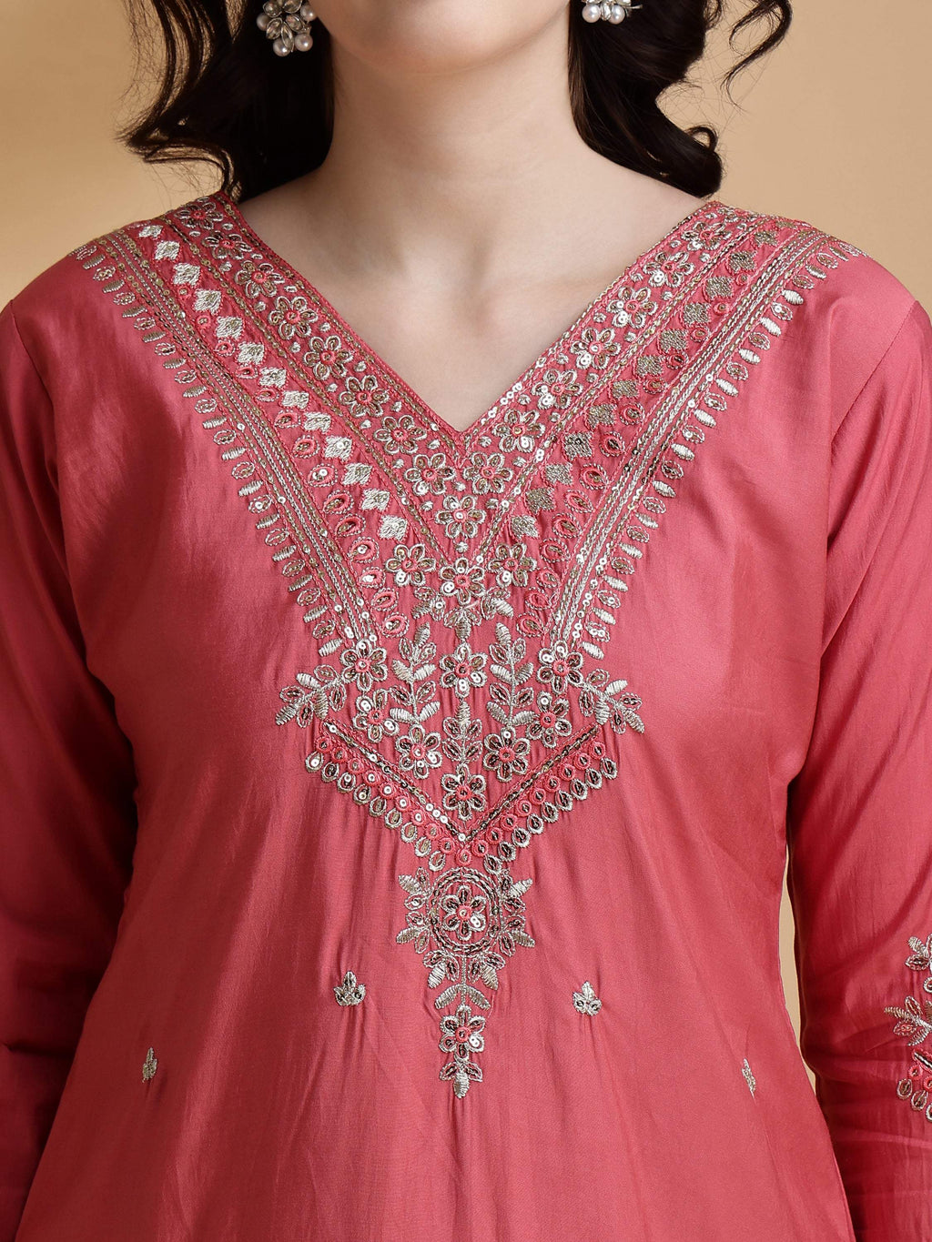 Pink Sequined Embroidered Kurta Set with Floral Dupatta