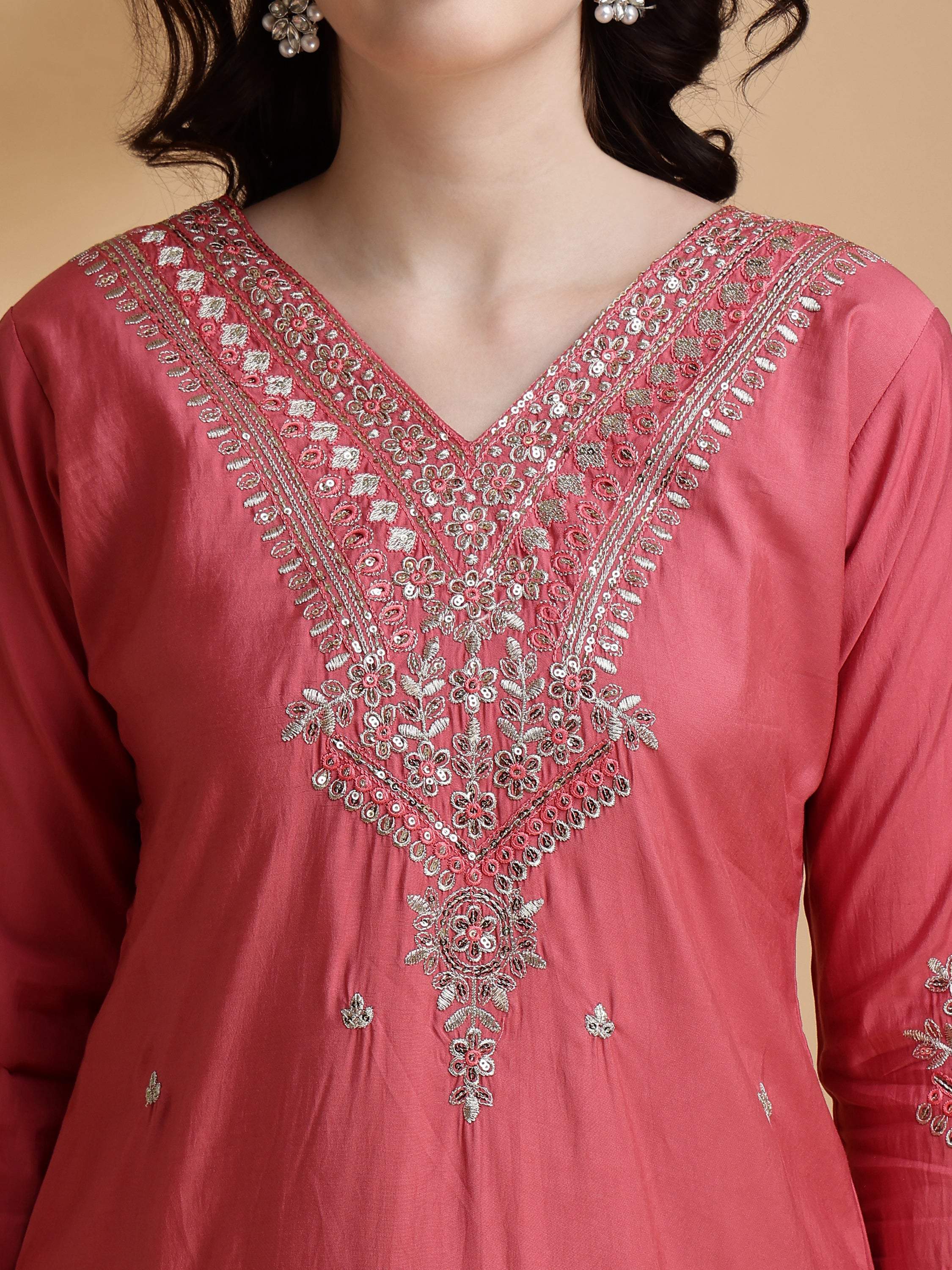 Pink Sequined Embroidered Kurta Set with Floral Dupatta