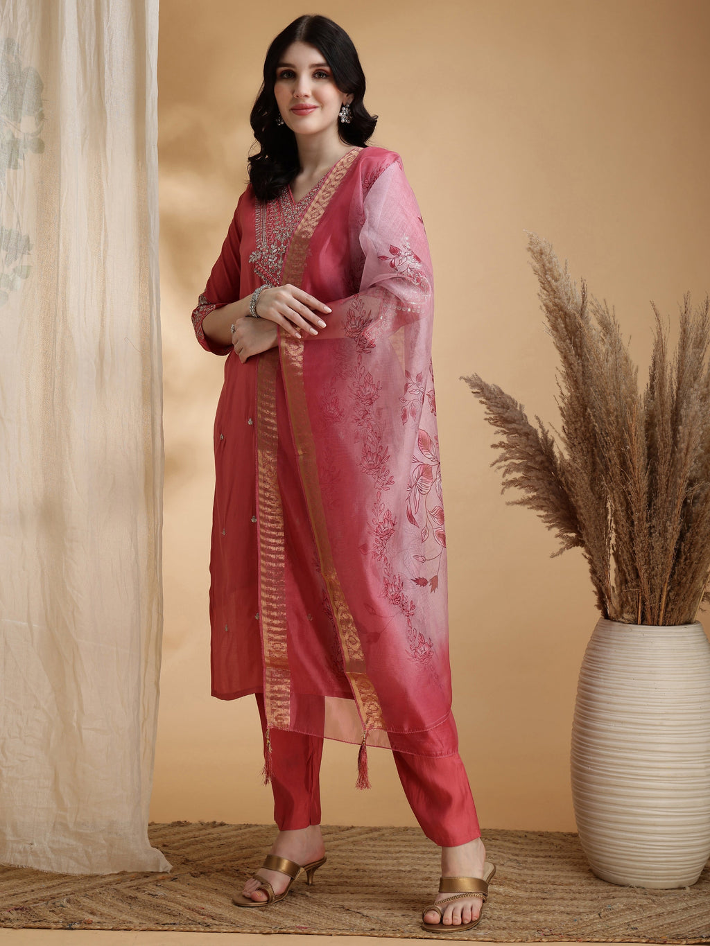 Pink Sequined Embroidered Kurta Set with Floral Dupatta